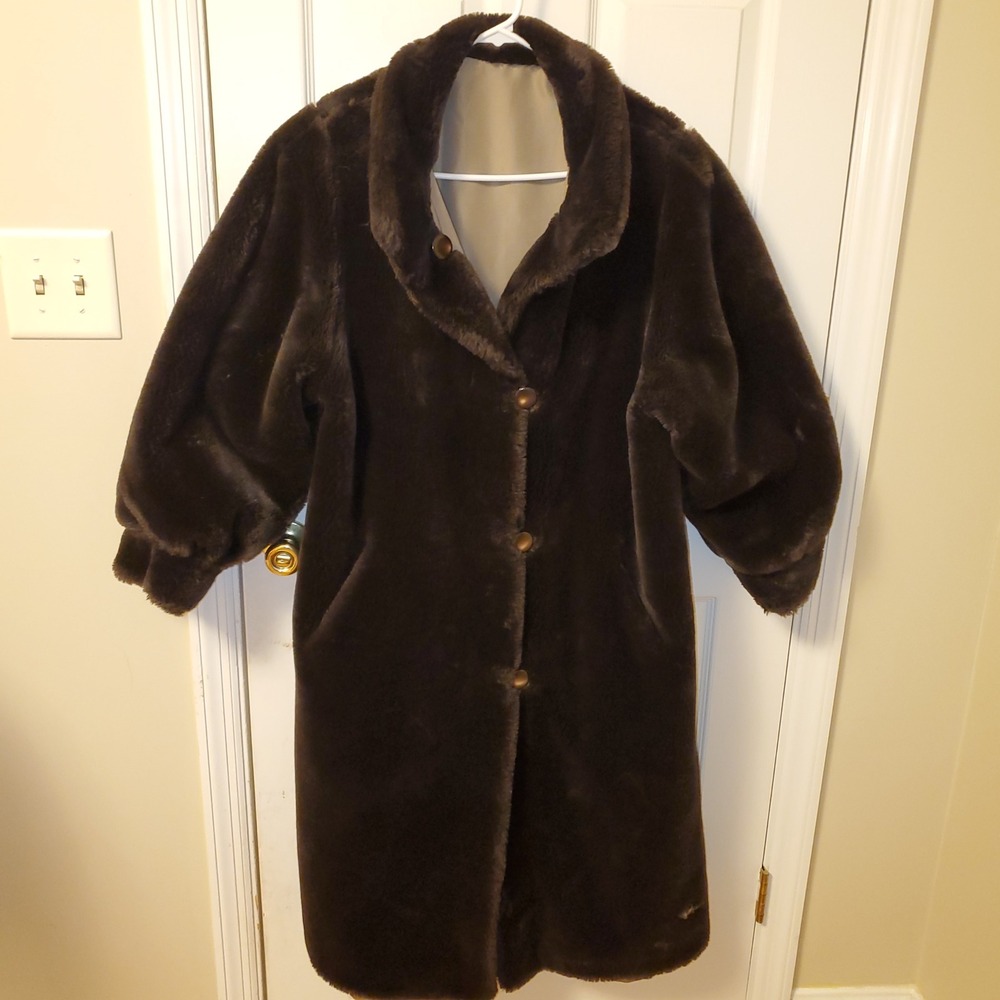 J Percy for‎ Marvin Richards Reversible Faux Fur Trench Coat L Petite Brown